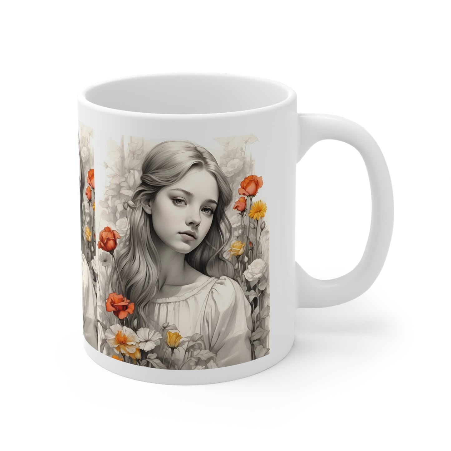 Flower Girl | Dainty | Cottagecore | HD Graphic | Quaint | Wholesome | Wildflowers | Coffee | Tea | Hot Chocolate | 11oz | White Mug